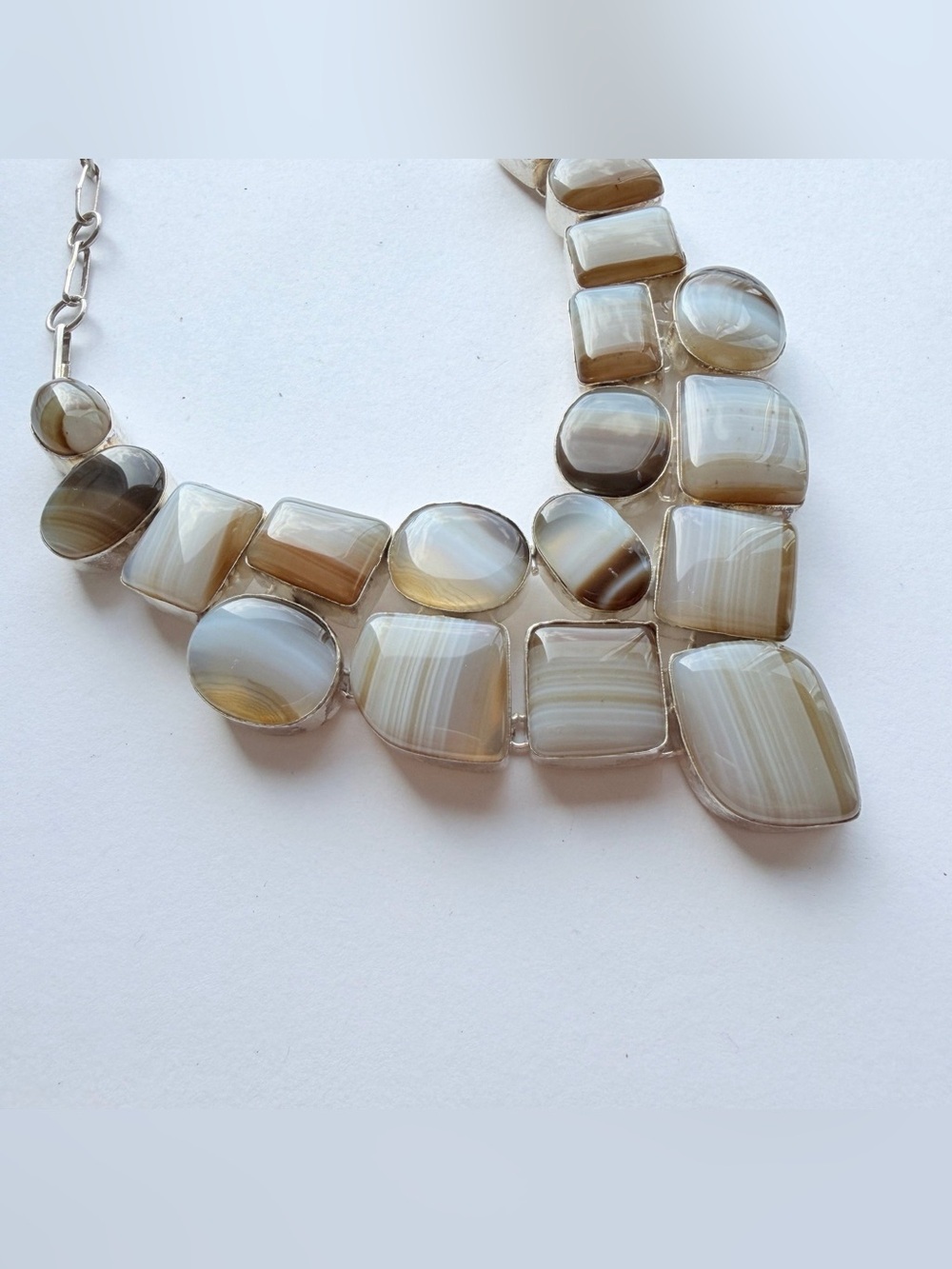 Vintage Handmade Sterling Silver Banded Agate Statement Necklace